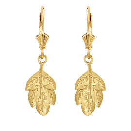 14K Solid Yellow Gold Matte Detailed Textured Leaf Drop Earring Set