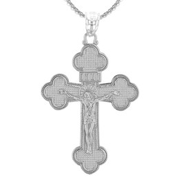 White Gold Eastern Orthodox Crucifix Cross Pendant Necklace