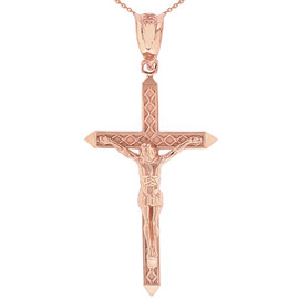 Solid Rose Gold Passion Cross Crucifix Pendant Necklace 1.63"( 41 mm)