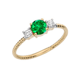 Dainty Yellow Gold Emerald and White Topaz Rope Design Engagement/Promise Ring