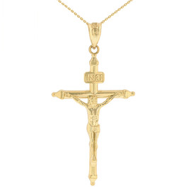 Solid Yellow Gold INRI Christ Passion Cross Crucifix Pendant Necklace 1.4"  (36 mm)