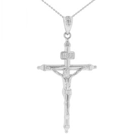 Solid White Gold INRI Christ Passion Cross Crucifix Pendant Necklace 1.4"  (36 mm)