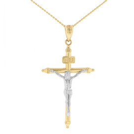 Two Tone Solid Yellow Gold INRI Christ Passion Cross Crucifix Pendant Necklace  1.2" (32  mm)