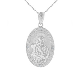 Sterling Silver Saint Joseph CZ Oval Medallion Pendant Necklace 1.02"  (25  mm)