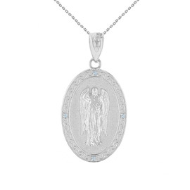 Sterling Silver Archangel Saint Gabriel CZ Oval Medallion Pendant Necklace  1.02" (25 mm)