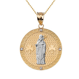 Two Tone Solid Yellow Gold Saint Patrick Shamrock Diamond Medallion Pendant Necklace 1.16"  (29 mm)