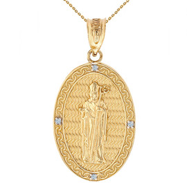 Solid Yellow Gold Saint Patrick Diamond Oval Medallion Pendant Necklace 1.19" (30 mm)