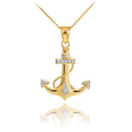 Two Tone Solid Yellow Gold Anchor Diamond Pendant Necklace