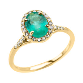 Yellow Gold Halo Solitaire Zambian Emerald and Diamond Proposal Ring