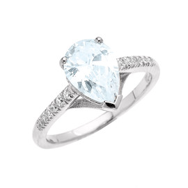 White Gold Dainty Pear Shape Aquamarine and Diamond Solitaire Proposal Ring