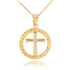 Gold Cross with Diamond Circle Rope Pendant Necklace