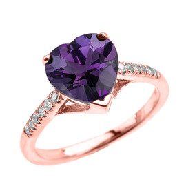 Rose Gold Solitaire Heart Amethyst and Diamond Engagement Proposal Ring