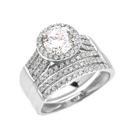 Elegant White Gold Micro Pave 3 Carat Round Halo Solitaire CZ Engagement Wedding Ring Set