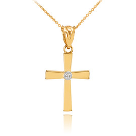 Polished Yellow Gold Diamond Cross Charm Pendant Necklace