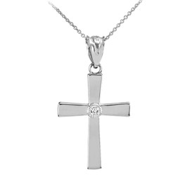 Silver Solitaire CZ-Accented Cross Pendant Necklace