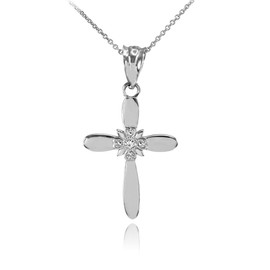 Dainty White Gold Solitaire Diamond Cross Charm Pendant Necklace