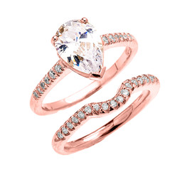 Rose Gold Dainty Pear Shape Cubic Zirconia Solitaire Wedding Ring Set