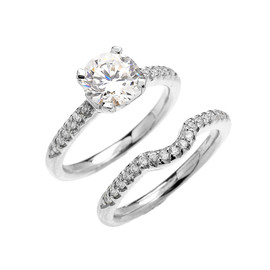 White Gold Dainty Round Cubic Zirconia Solitaire Wedding Ring Set