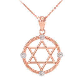 Rose Gold Roped Circle Star of David with Diamond Pendant Necklace