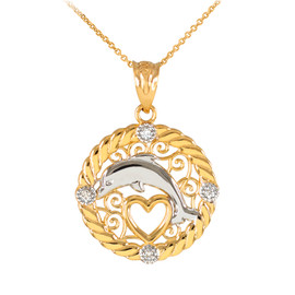 Gold Roped Circle Diamond Jumping Dolphin Heart Filigree Pendant Necklace
