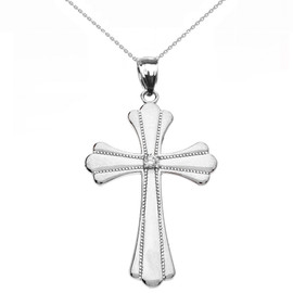 White Gold Solitaire Diamond High Polish Milgrain Cross Pendant Necklace (Medium)