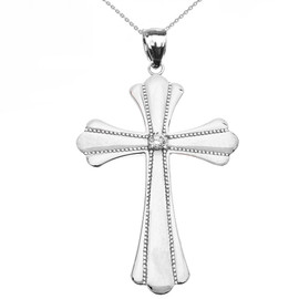 White Gold Solitaire Cubic Zirconia High Polish Milgrain Cross Pendant Necklace (Large)