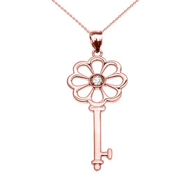 Rose Gold Solitaire Diamond Flower Key Pendant Necklace