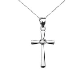 Sterling Silver Solitaire Cubic Zirconia Heart Cross Pendant Necklace