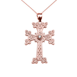 Rose Gold Armenian Cross Solitaire Cubic Zirconia Pendant Necklace