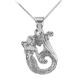 White Gold Textured Fairytale Mermaid Pendant Necklace