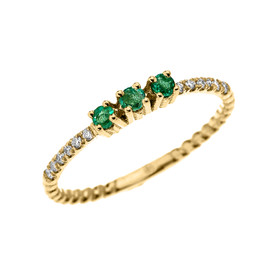 Yellow Gold Dainty Three Stone Emerald and Diamond Rope Design Engagement/Proposal/Stackable Ring