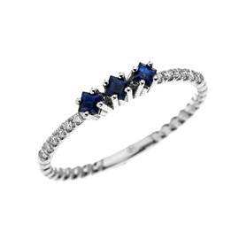 White Gold Dainty Three Stone Sapphire and Diamond Rope Design Engagement/Stackable Ring