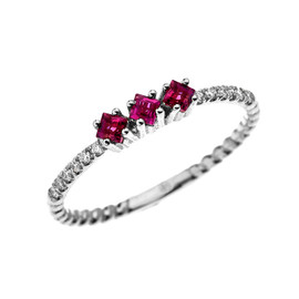 White Gold Dainty Three Stone Ruby and Diamond Rope Design Engagement/Proposal/Stackable Ring