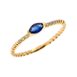 Yellow Gold Dainty Solitaire Marquise Genuine Sapphire and Diamond Rope Design Engagement/Proposal/Stackable Ring