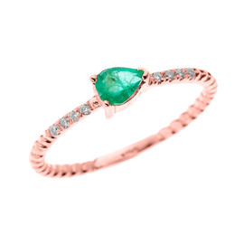 Rose Gold Dainty Solitaire Pear Shape Lab Created Emerald and Diamond Rope Design Engagement/Proposal/Stackable Ring
