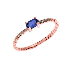 Rose Gold Dainty Solitaire Oval Sapphire and Diamond Rope Design Engagement/Proposal/Stackable Ring
