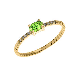 Yellow Gold Dainty Solitaire Oval Peridot and Diamond Rope Design Engagement/Proposal/Stackable Ring