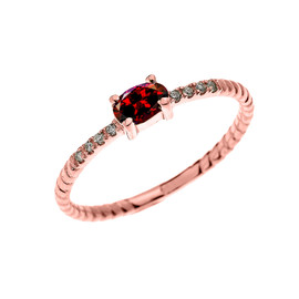 Rose Gold Dainty Solitaire Oval Garnet and Diamond Rope Design Engagement/Proposal/Stackable Ring