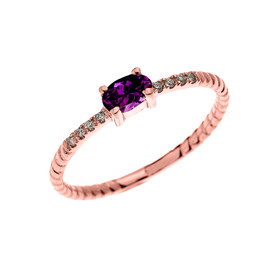 Rose Gold Dainty Solitaire Oval Amethyst and Diamond Rope Design Engagement/Proposal/Stackable Ring