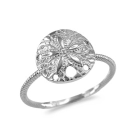 White Gold Twisted Rope Band Sand Dollar Ring