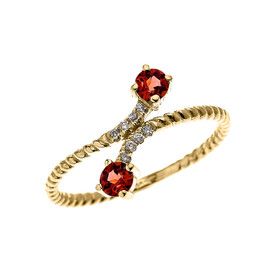 Yellow Gold Dainty Two Stone Garnet and Diamond Rope Design Promise Ring