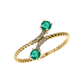 Yellow Gold Dainty Two Stone Emerald and Diamond Rope Design Promise Ring