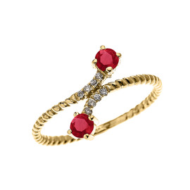 Yellow Gold Dainty Two Stone Ruby and Diamond Rope Design Promise Ring