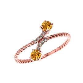 Rose Gold Dainty Two Stone Citrine and Diamond Rope Design Promise Ring