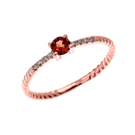 Rose Gold Dainty Solitaire Garnet and Diamond Rope Design Engagement/Proposal/Stackable Ring