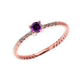 Rose Gold Dainty Solitaire Amethyst and Diamond Rope Design Engagement/Proposal/Stackable Ring