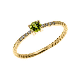 Yellow Gold Dainty Solitaire Peridot and Diamond Rope Design Engagement/Proposal/Stackable Ring