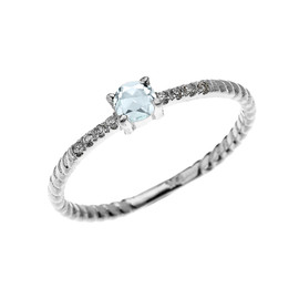 White Gold Dainty Solitaire Aquamarine and Diamond Rope Design Engagement/Proposal/Stackable Ring