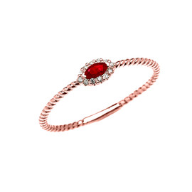 Rose Gold Dainty Halo Diamond and Marquise Ruby Solitaire Rope Design Promise/Stackable Ring