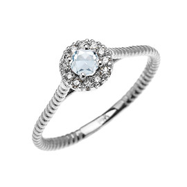White Gold Dainty Halo Diamond and Aquamarine Solitaire Rope Design Promise Ring
